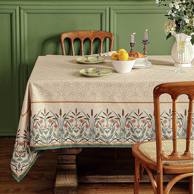patdrea Designer Linen Vintage Long Table Cloth for Rectangle Table,Light Brown Durable French Floral Tablecloth,Decor Cover for Kitchen Dining,Christmas,Thanksgiving,Party,63"x94"-Cudillero