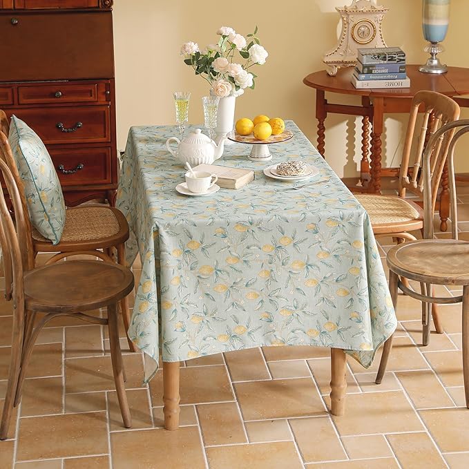 patdrea Designer Linen Green Tablecloth for Rectangle Table,Vintage Breathable Yellow Fruits Pattern Table Cloth,Decoration Cover for Kitchen Dining,Christmas,Thanksgiving,Party,55"x79"-Ania a