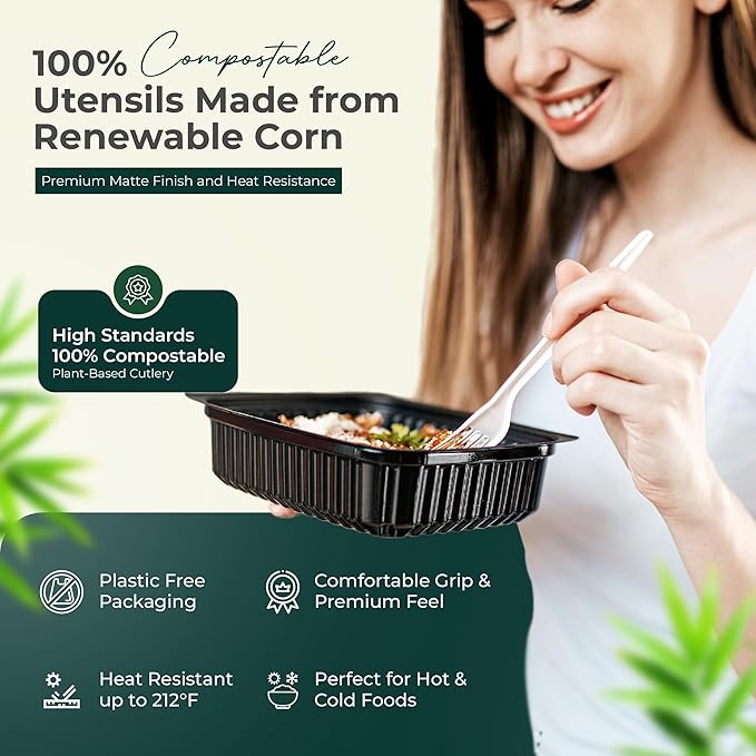 100% Compostable cutlery knives forks spoons Large Disposable Biodegradable Compostable Utensils Durable HeavyDuty Silverware heat resistant alternative to plastic with convenient tray 7inch (400)