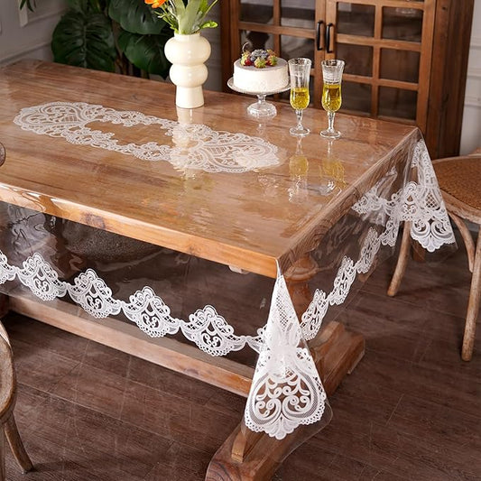 Clear Table Cover Protector Vinyl Table Cloth Rectangle Oil Spill Proof Vintage Rustic Plastic Table Covers for Dining Tables (White Lace, 60 x 84 Inches)