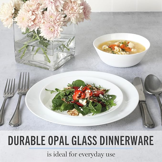 Martha Stewart Opalton 18-Piece Dinnerware Set – Chip and Break Resistant Opal Glass Plates and Bowls, Lightweight White Dinner Set for 6, Microwave and Dishwasher Safe