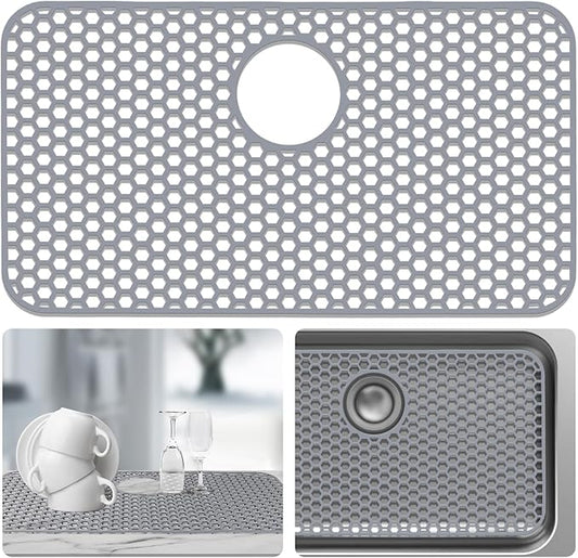 Sink Protectors for Kitchen Sink - 26"x 14" with Rear Drain Hole Heat Resistant Easy Clean Non-slip Silicone Kitchens Sinks Mat for Bottom of Kitchen Sinks Stainless Steel(Grey)-66x35CM