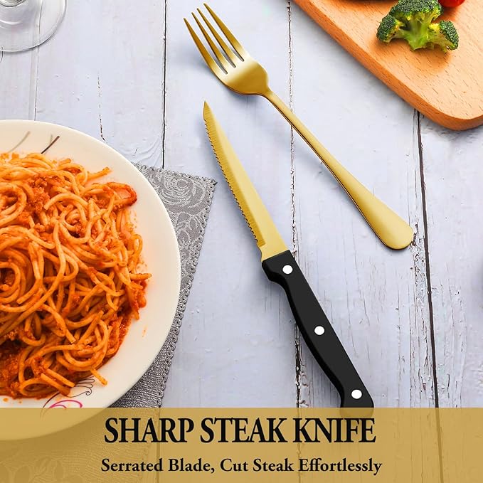 72 Pcs Gold Silverware Set with Steak Knives, Stainless Steel Flatware Cutlery Set Service for 12, Kitchen Tableware Set, Utensil Set for Home and Restaurant, Knives Forks Spoon Set, Dishwasher Safe