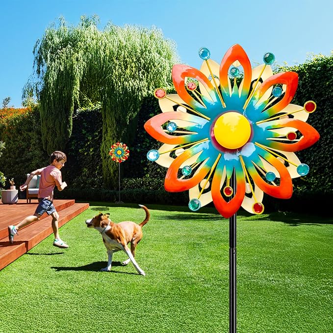 Solar Wind Spinner Outdoor Metal Garden Decor – 60.63'' Kinetic Flower Sculpture with Color-Changing LED Crackle Glass Ball & Gemstone, Waterproof Wind Catchers for Patio, Yard, Lawn Art Decoration