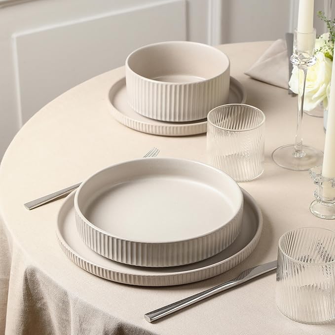 Stone Lain Haven Modern Stoneware 4 Piece Pasta Bowl Sets, Dish Set for 4, Reactive Glaze Beige