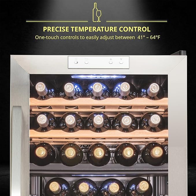 SCHMÉCKÉ 33 Bottle Dual Zone Wine Cooler Refrigerator w/Lock - Large Freestanding Wine Cellar For Red, White, Champagne & Sparkling Wine - 41f-64f Digital Temperature Control Fridge Stainless Steel