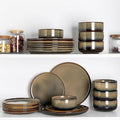 TheTerra Ceramic Dinnerware Sets for 8, 24 Pieces Handmade Reactive Glaze Plates and Bowls Set, Scratch Resistant Dish Set, Oven & Microwave & Dishwasher Safe, Coca Mocha