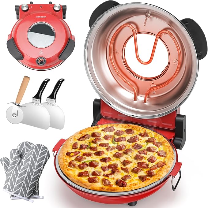 Electric Pizza Oven Indoor with Glazed Ceramic Stone, 12-Inch Portable Countertop Pizza Maker with Adjustable Timer, 1200W Heat up to 800°F Pizza Maker with Viewing Window for Home DIY Pizza