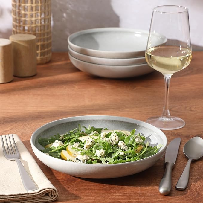 Gibson Elite Beckett 4-Piece Ash White Dinner Bowl Set – Reactive Glaze Stoneware – Shallow Pasta Bowls – Round Wide-Rim Design – Microwave & Dishwasher Safe