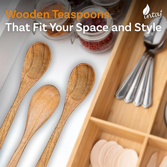 INTAJ 6 PCS Small Wooden Spoons, 6 Inch Honey Spoons for Tea, Hardwood Wooden Honey Teaspoon for Coffee, Little Tiny Wood Spoon, Bamboo Table Spoon for stirring, Wooden Spoons for Utensils Set