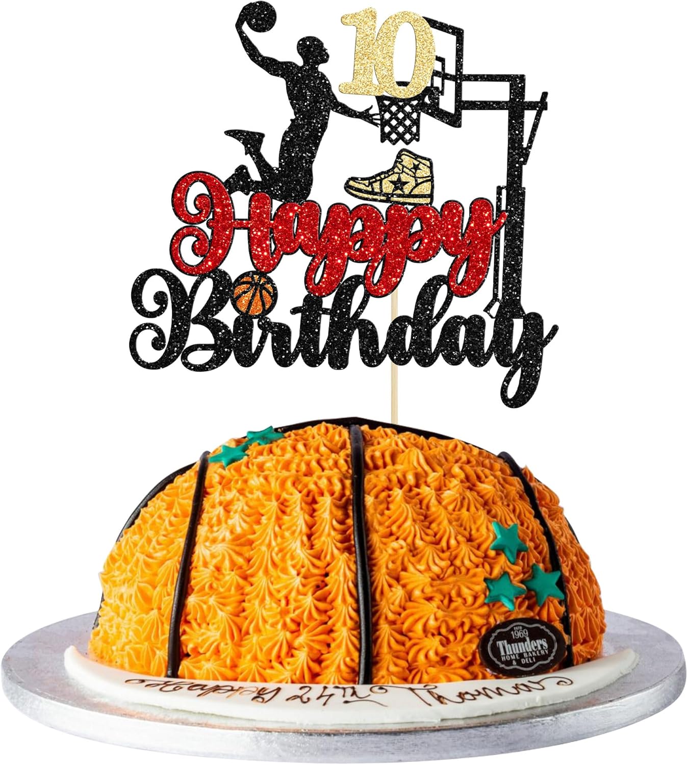 1Pc 10th Birthday Basketball Cake Topper Glitter Basketball Sports Theme Cake Pick for Baby Shower 10th Birthday Cake Decorations Party Supplies Black