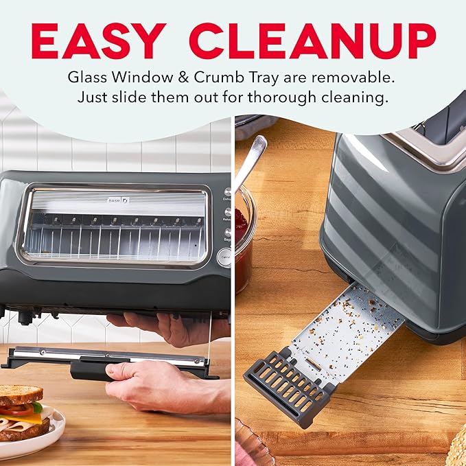 DASH Clear View Toaster: Extra Wide Slot Toaster with See Through Window - Defrost, Reheat + Auto Shut Off Feature for Bagels, Specialty Breads & other Baked Goods - Grey