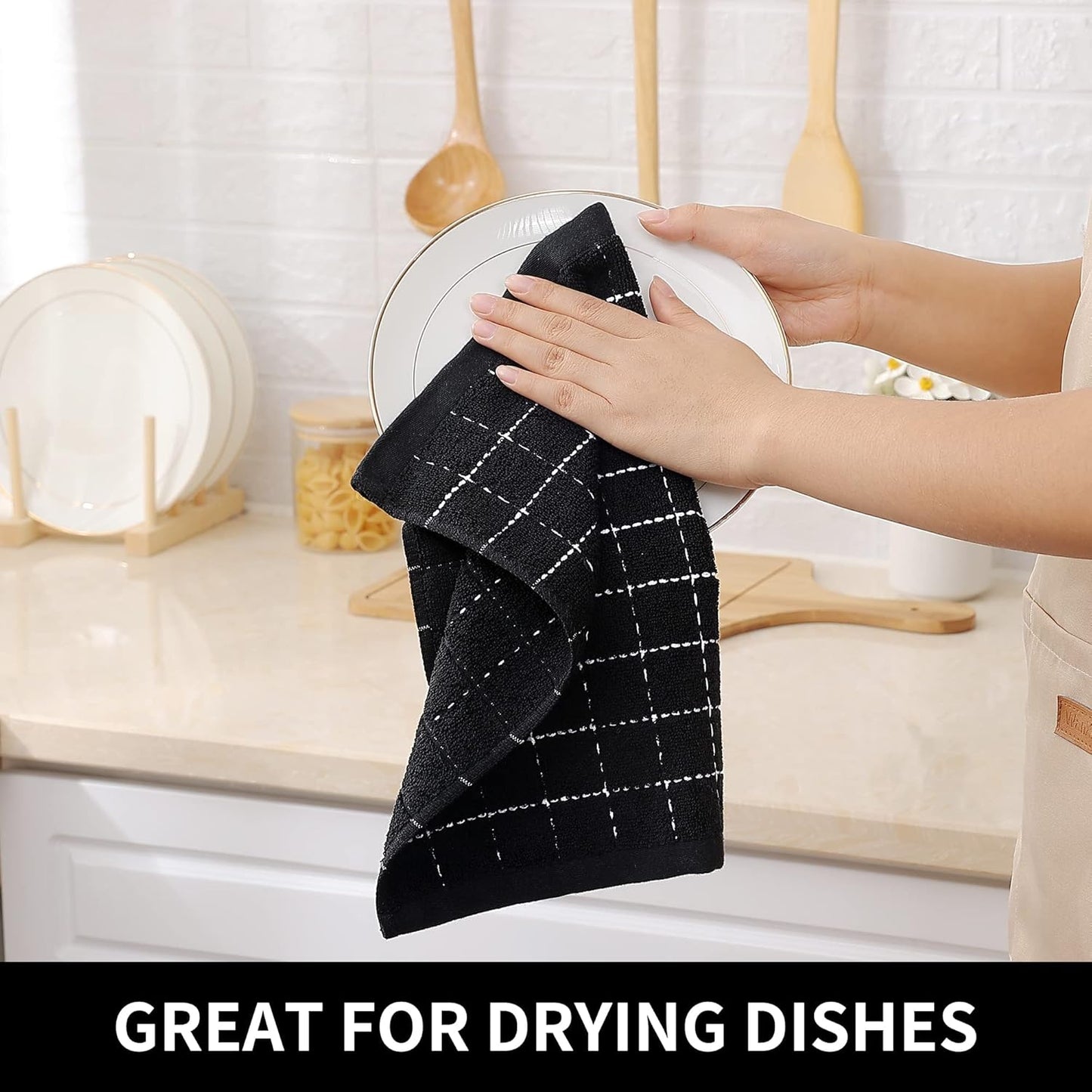 Homaxy 100% Cotton Terry Kitchen Dish Cloths, Ultra Soft and Absorbent Dish Towels for Kitchen, Suitable for Drying and Washing Dishes, 8 Pack, 12 x 12 Inches, Black
