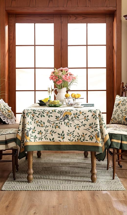 patdrea Designer French Table Cloth for Rectangle Table,Vintage Green Linen Birds and Leaves Pattern Tablecloths,Dacorative Cover Kitchen Dining,Christmas,Thanksgiving,Tea Party,63"x87"-Warbler