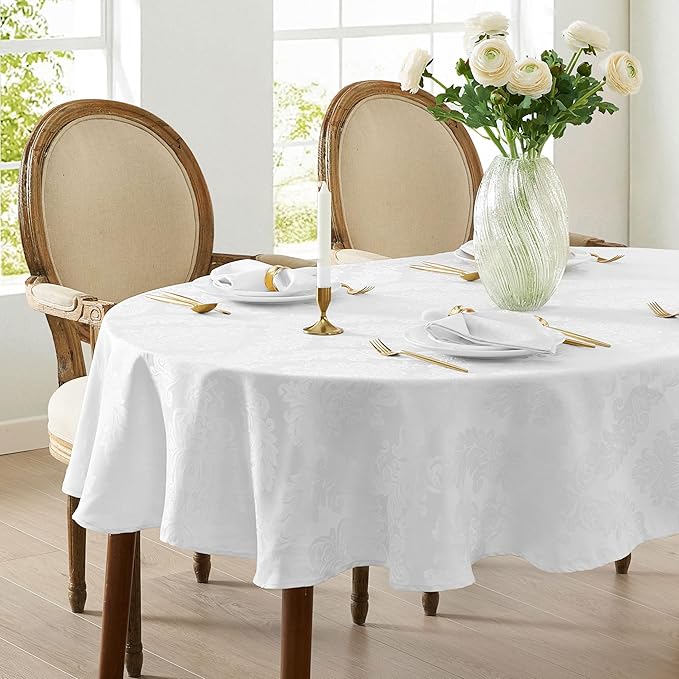 Newbridge Barcelona Luxury Damask Fabric Tablecloth, 60” Wide x 120” Oval, White, 100% Polyester, No Iron, Soil Resistant Dining Room, Party and Banquet Table Cover