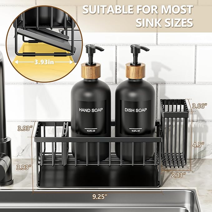 Cisily Kitchen Dish Soap Dispenser Set with 2 Pack 16.9oz Black Glass Bottle and Sponge Holder, Dish Soap Dispensers with Adjustable Sponge Holder, Vintage Hand and Dish Soap Dispensers Set