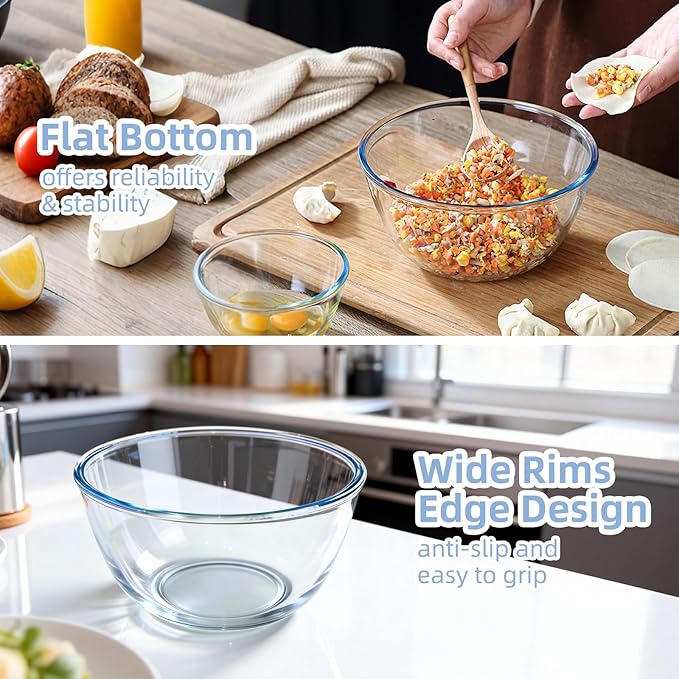 WhiteRhino Glass Mixing Bowls Glass Bowls with Lids Set(4.5QT,2.7QT, 1.1QT),Large Salad Bowls,glass mixing bowl Space-Saving Nesting Storage bowls for Cooking,Baking,Prepping,Dishwasher Safe