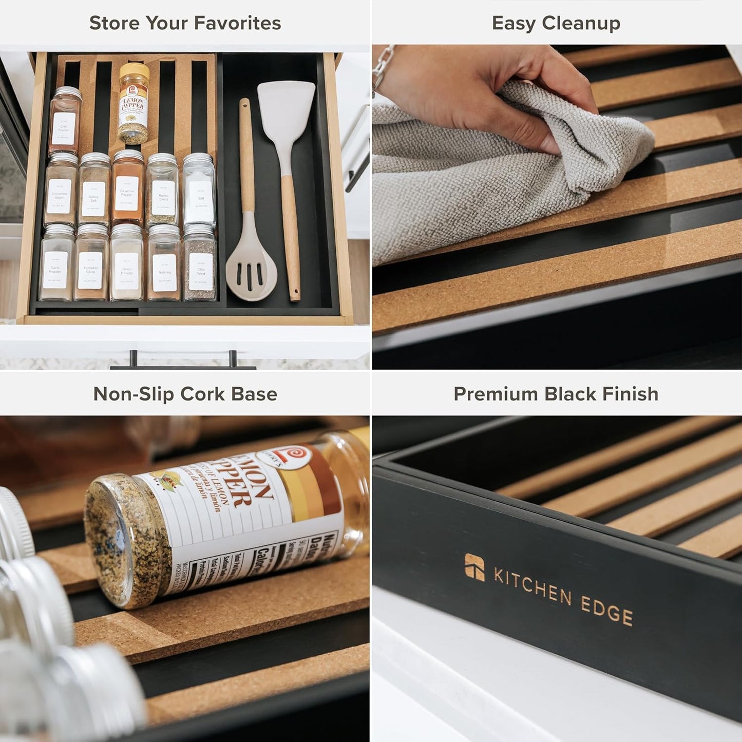 KitchenEdge Spice Drawer Organizer with Expandable Storage. Holds up to 15 Spice Jars (Not Included), Non-Slip Feet, Kitchen Accessory Storage, 100% Sustainable Bamboo Wood, Food-Safe Black Finish