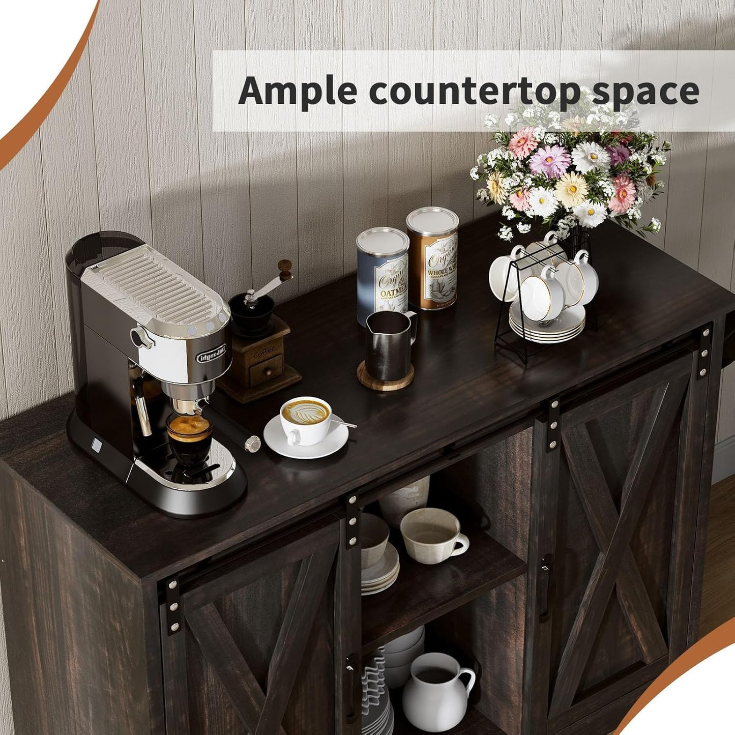4 EVER WINNER Coffee Bar Cabinet with Sliding Barn Doors, 42” Sideboard Buffet Cabinet with Storage, Farmhouse Coffee Bar Station Table Liquor Wine Bar with Shelves for Kitchen, Espresso