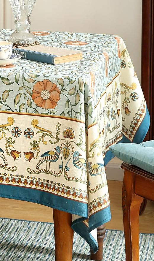 patdrea Designer French Linen Blue Tablecloth for Rectangle Table,Vintage Floral Table Cloth,Colorful Decoration Fall Cover Kitchen Dining for Thanksgiving,Tea Party,Christmas,63"x87"-Wensel