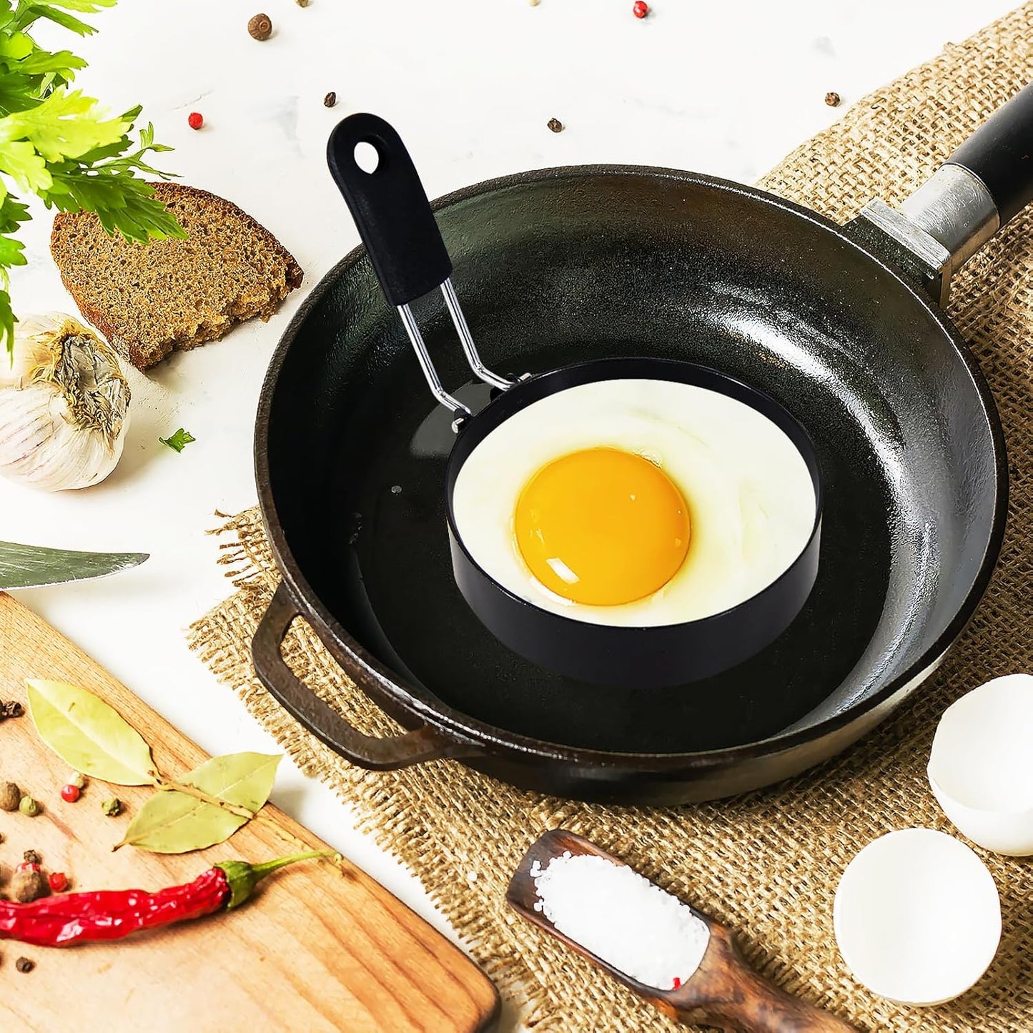 Round+Heart Egg Rings Set with Silicone Handle, Stainless Steel Egg Cooking Rings，Nonstick，For Frying Eggs and Egg Mcmuffins, Egg Mold For Breakfast
