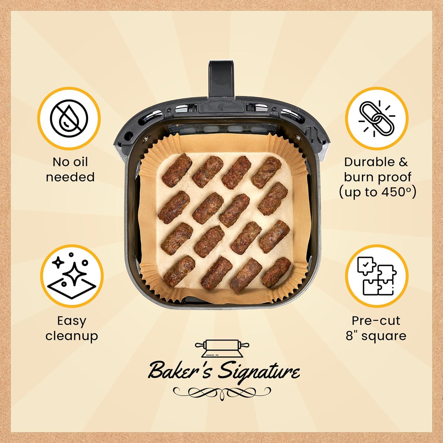 250 pcs Air Fryer Liners, Disposable Airfryer Paper Liners – Non-Stick and Oil Proof for Easy Cleanup, Great for Oven, Pans & Baking – 8” Square for 5-8 qt Basket by Baker's Signature
