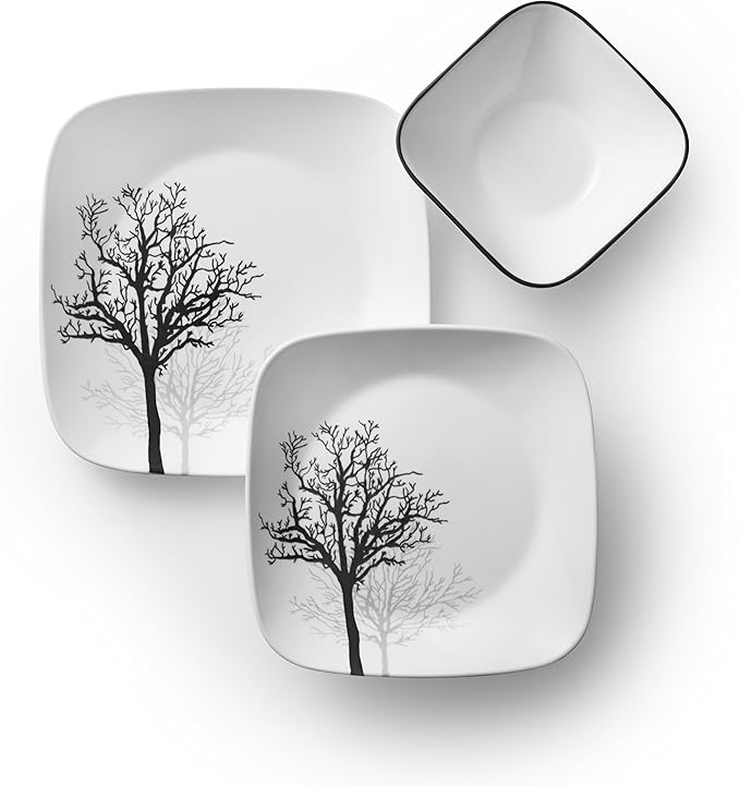 Corelle Vitrelle 18-Piece Service for 6 Dinnerware Set Triple Layer Glass and Chip Resistant, Lightweight Square Plates and Bowls Set, Timber Shadows