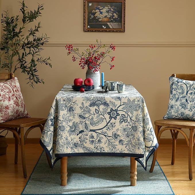ISAENNE Designer French Linen Table Cloth for Rectangle Table,Blue Floral Washable Indoor Tablecloth,Durable Home Decor Tablecloths for Dining Thanksgiving Kitchen Party Christmas,55"*79"-Ruyi B