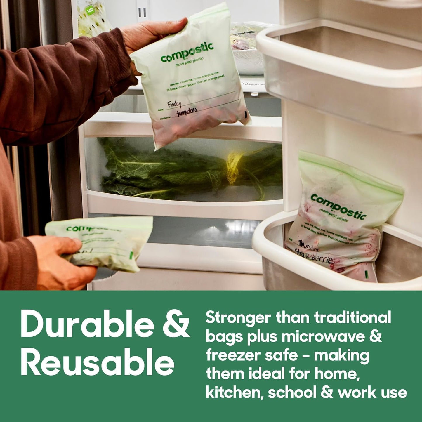 Compostic Home Compostable Resealable Sandwich Bags (7"x7"), Microwave & Freezer Safe, Organic Food Storage Container, 100 Count (Pack of 2)