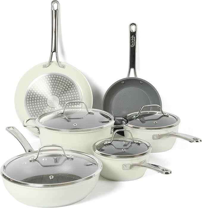 Sur La Table Kitchen Essentials 10 Piece PFA Free Non-Toxic Titanium Ceramic Nonstick Interior Forged Aluminum Cookware Pots and Pans Set - Linen White - Induction Compatible
