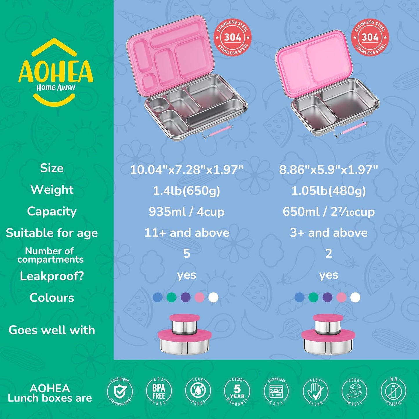 Stainless Steel Bento Box Kids, Kids Metal Bento Lunch Box BPA Free Lunch Box Containers 304 Stainless Steel Bento Box for School and Office(Pink)