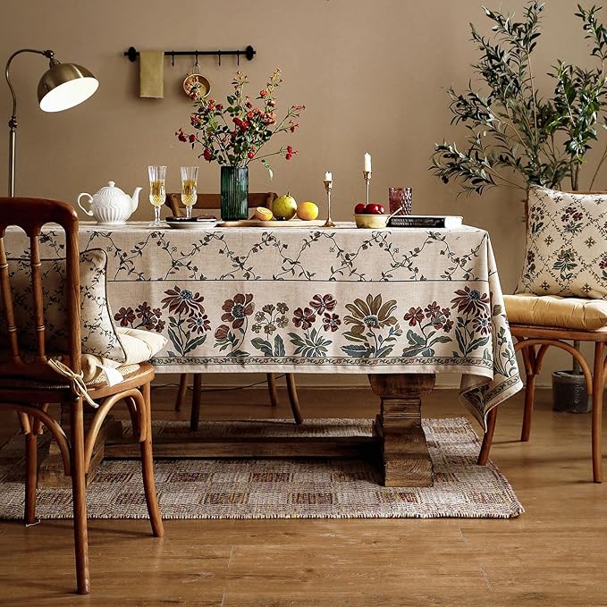 patdrea Designer Linen French Tablecloth for Rectangle Table,Fall Country Breathable Floral Extra Long Tablecloths,Table Cover for Kitchen Dining,Christmas,Thanksgiving,63"x110"-Oliveirad