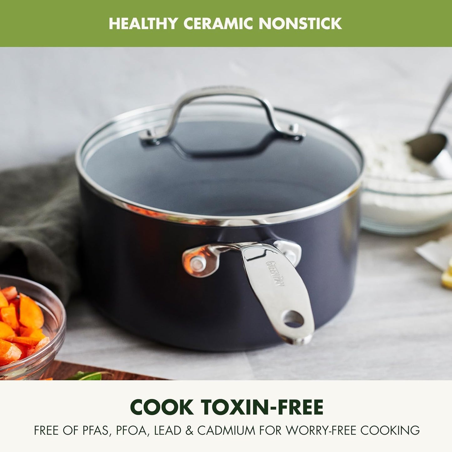 GreenPan Valencia Pro Hard Anodized Healthy Ceramic Nonstick 2QT Saucepan Pot with Lid, PFAS-Free, Induction, Dishwasher Safe, Oven Safe, Gray