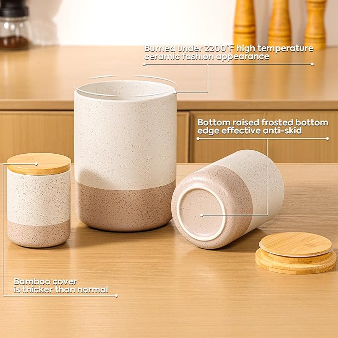 Yangbaga Canisters Sets for Kitchen Countertop-Set of 4 Ceramic Kitchen Canisters Food Storage Jar with Airtight Wood Lids & Spoons & Label,Large Flour and Sugar Containers for Serving Ground Coffee