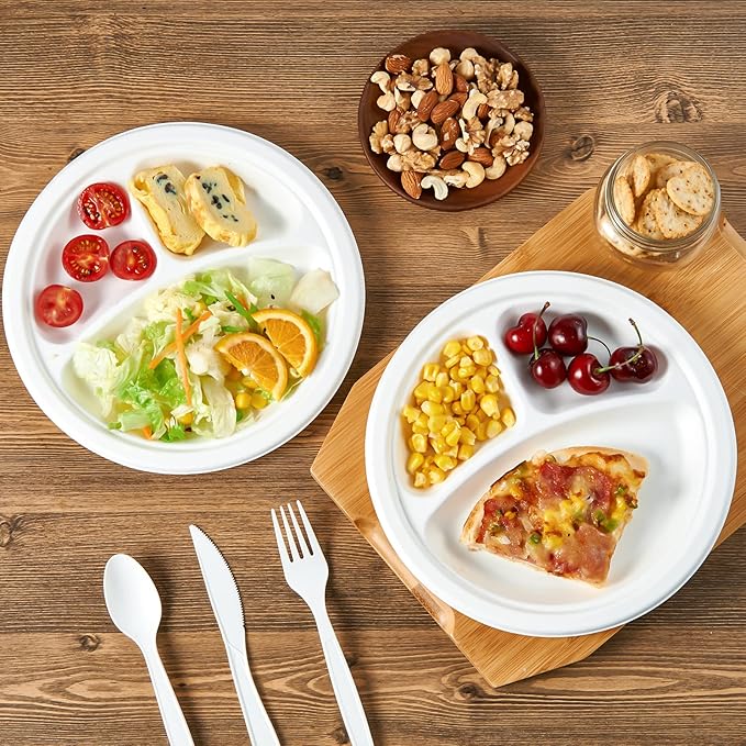 Vplus 100% Compostable Paper Plates, 600 Pack 9 Inch 3 Compartment Plates Disposable, Heavy Duty Biodegradable, Made of Sugar Cane Fibers, for Daily meals, Dinner, Parties, BBQ