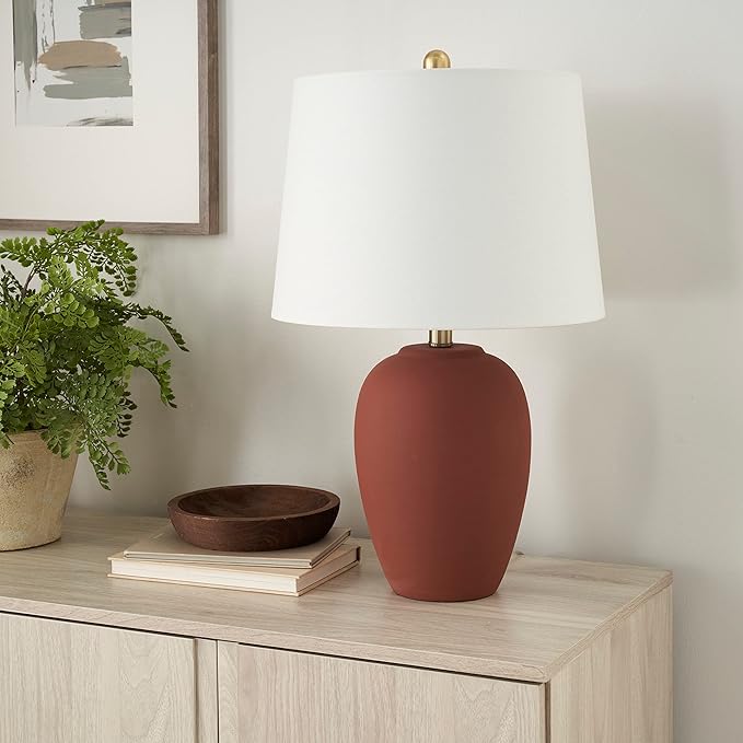 Nourison Home 23" Rust Orange Ceramic Pot Table Lamp for Bedroom, Living Room, Dining Office, with White Tapered Drum Shade
