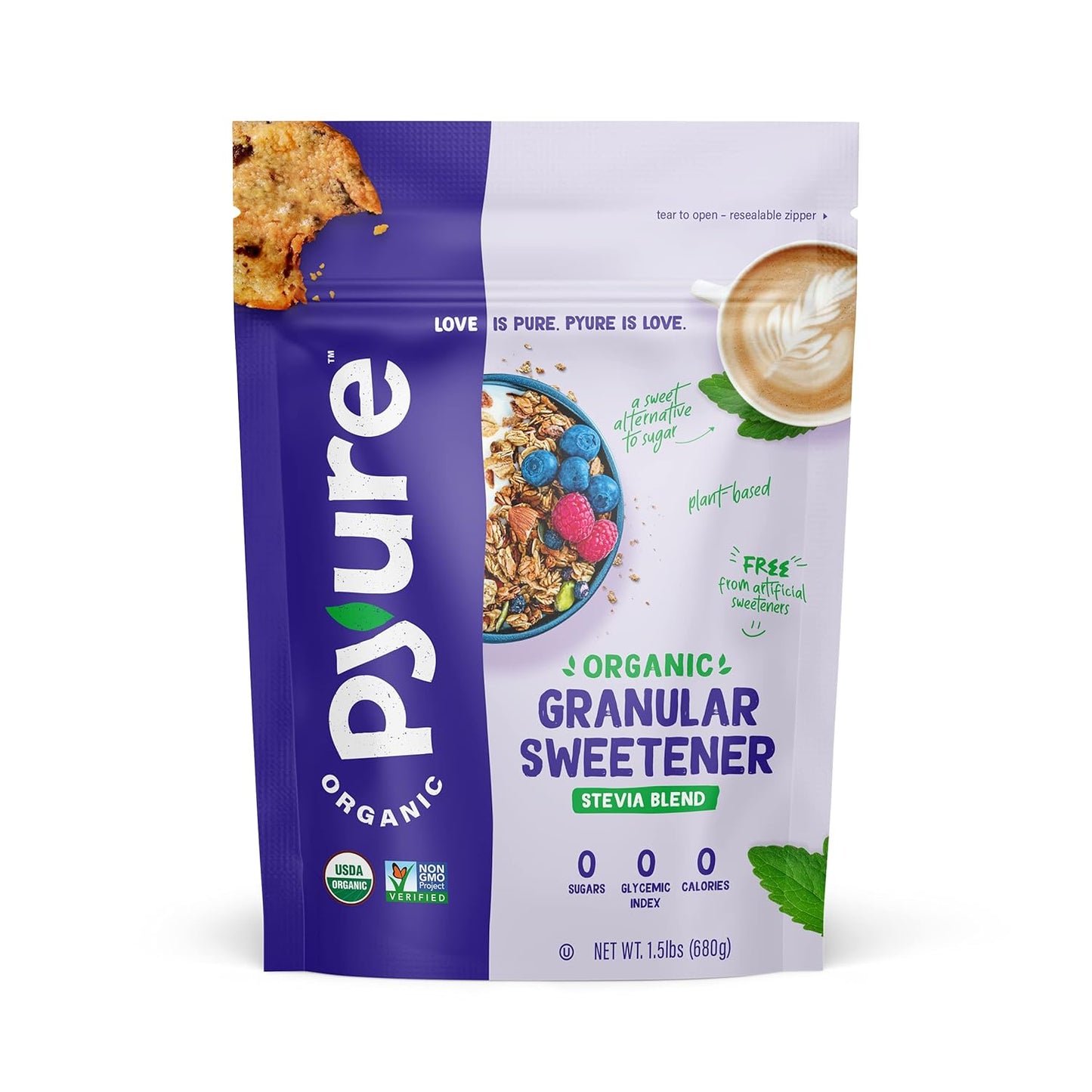 Pyure Organic Stevia Blend | Granulated Sugar Substitute with Zero Calories & Carbs | Keto, Diabetic & Vegan Friendly | Sugary Taste Alternative | USDA Organic, Non-GMO | Good For Baking | 1.5lb (24oz)