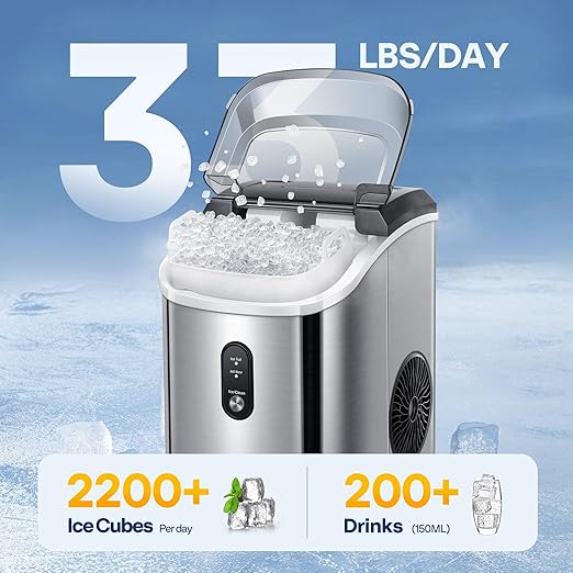 VIVOHOME Electric Portable Compact Countertop Automatic Chewable Nugget Ice Cube Maker Machine with Hand Scoop 10 Ice Bags and Self Cleaning Function 33lbs/Day Silver