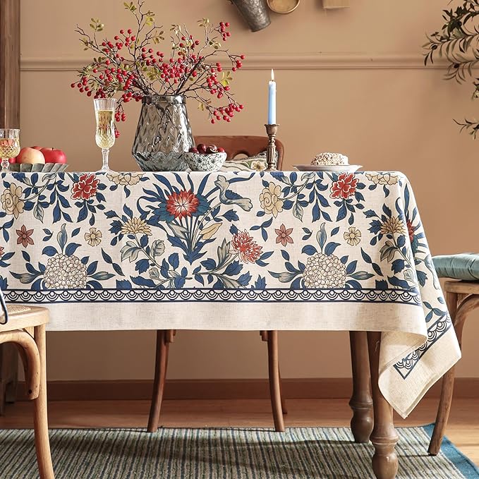 patdrea Designer Blue Tablecloth for Rectangle Table,Vintage Linen with Leaves and Floral Pattern Long Table Cloth,Farmhouse Decor Cover for Kitchen Dining Christmas,Thanksgiving,63"x94"-Ivar a