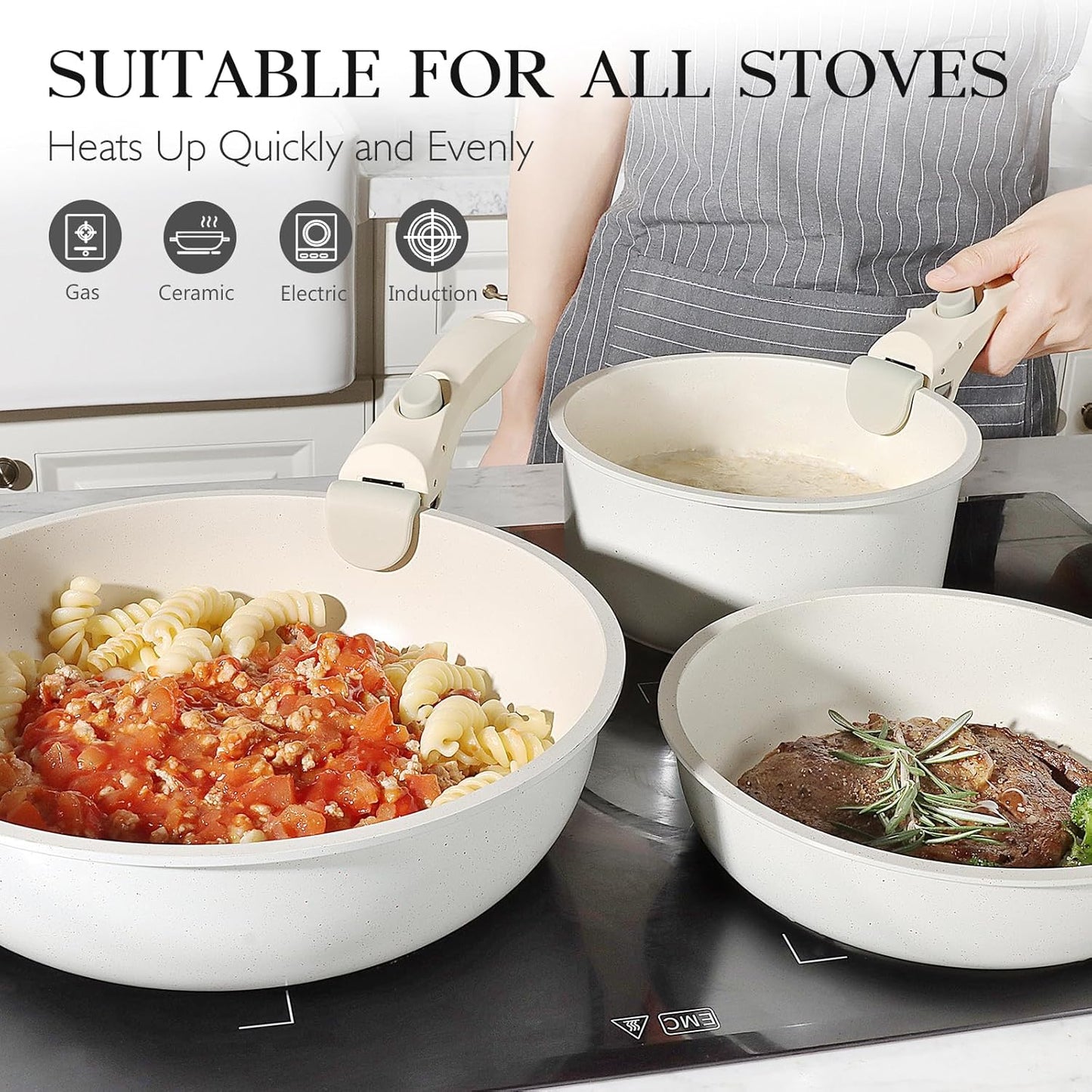 GiPP 11Pcs Pots and Pans Set Non Stick, Cookware Sets Nonstick Detachable Handle, Induction Kitchen Set Removable Handle, RV Cookware set, Oven Safe