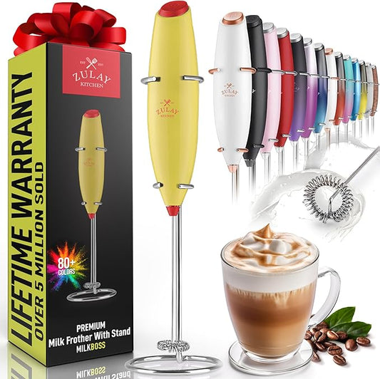 Zulay Kitchen Powerful Milk Frother Wand - Ultra Fast Handheld Drink Mixer - Electric Whisk Foam Maker for Coffee, Lattes, Cappuccino, Matcha & Creamer - Lime N Red