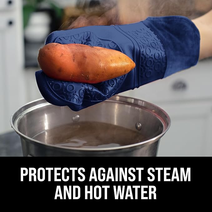 BPA-Free Soft Silicone Oven Mitts - Ultra Heat Resistant Oven Mitts with Thick Cotton Liner - Extra Long Slip Resistant Pot Holders, Flexible Oven Gloves - Navy 14.7"