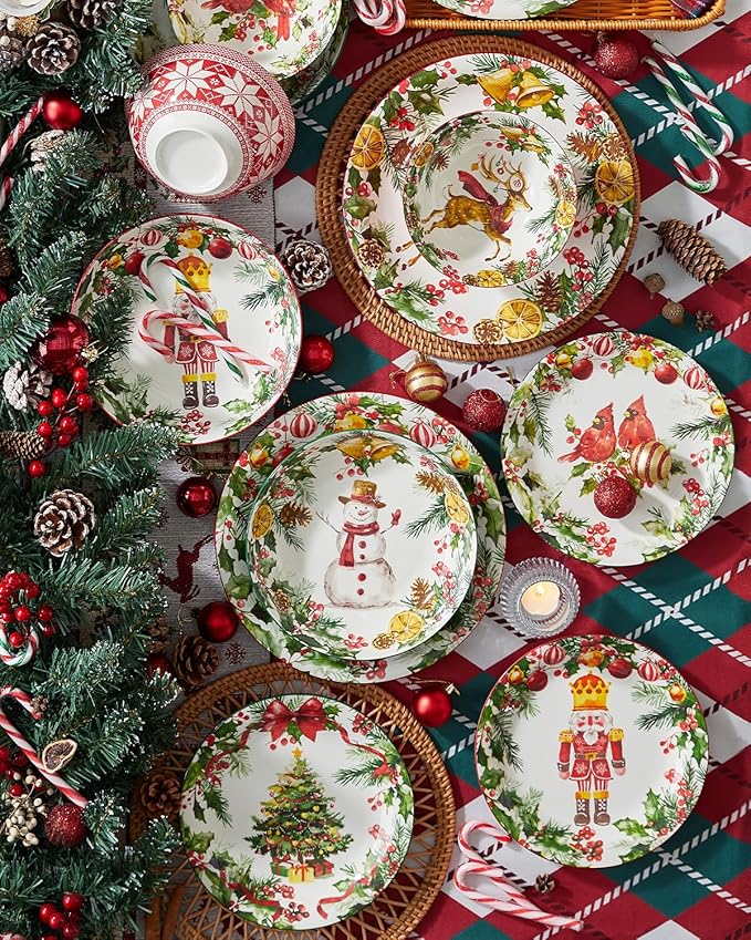 Christmas Pasta Bowls, Ceramic Salad Serving Bowl Set, 8 Inch Wide and Shallow Dinner Bowl Plate for Kitchen, Dishwasher and Microwave Safe, Set of 6