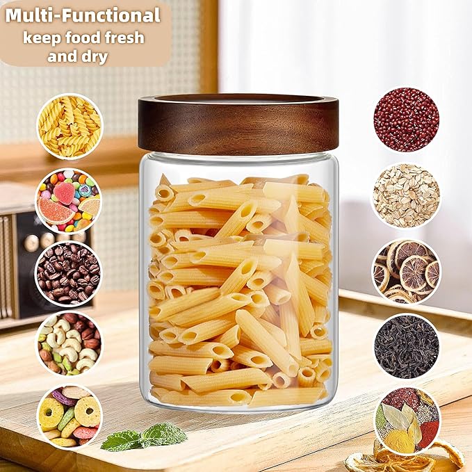Set of 2 Glass Food Storage Jars, Premium Clear Glass Container Jar with Airtight Wooden Screw Lid, Kitchen Canisters for Coffee,Tea,Pasta,Cookies, Nuts,Spice,Candy,Overnight Oatmeal