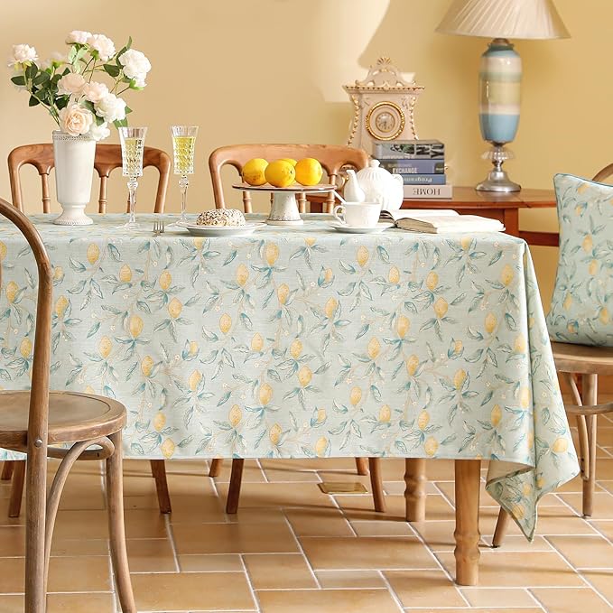 patdrea Designer Linen Green Tablecloth for Rectangle Table,Vintage Breathable Yellow Fruits Pattern Table Cloth,Decoration Cover for Kitchen Dining,Christmas,Thanksgiving,Party,63"x87"-Ania a
