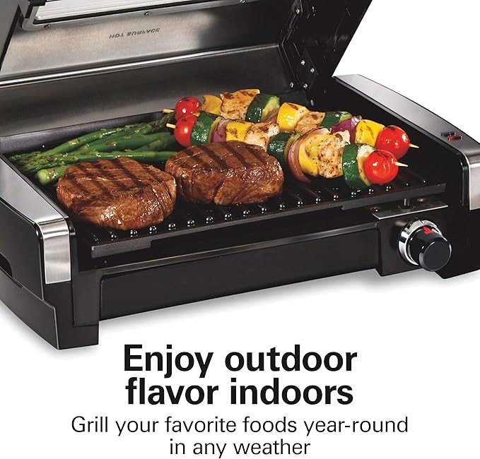 Hamilton Beach Electric Indoor Searing Grill with Viewing Window & Adjustable Temperature Control to 450F, 118 sq. in. Surface Serves 6, PFAS-Free Removable Nonstick Grate, Stainless Steel