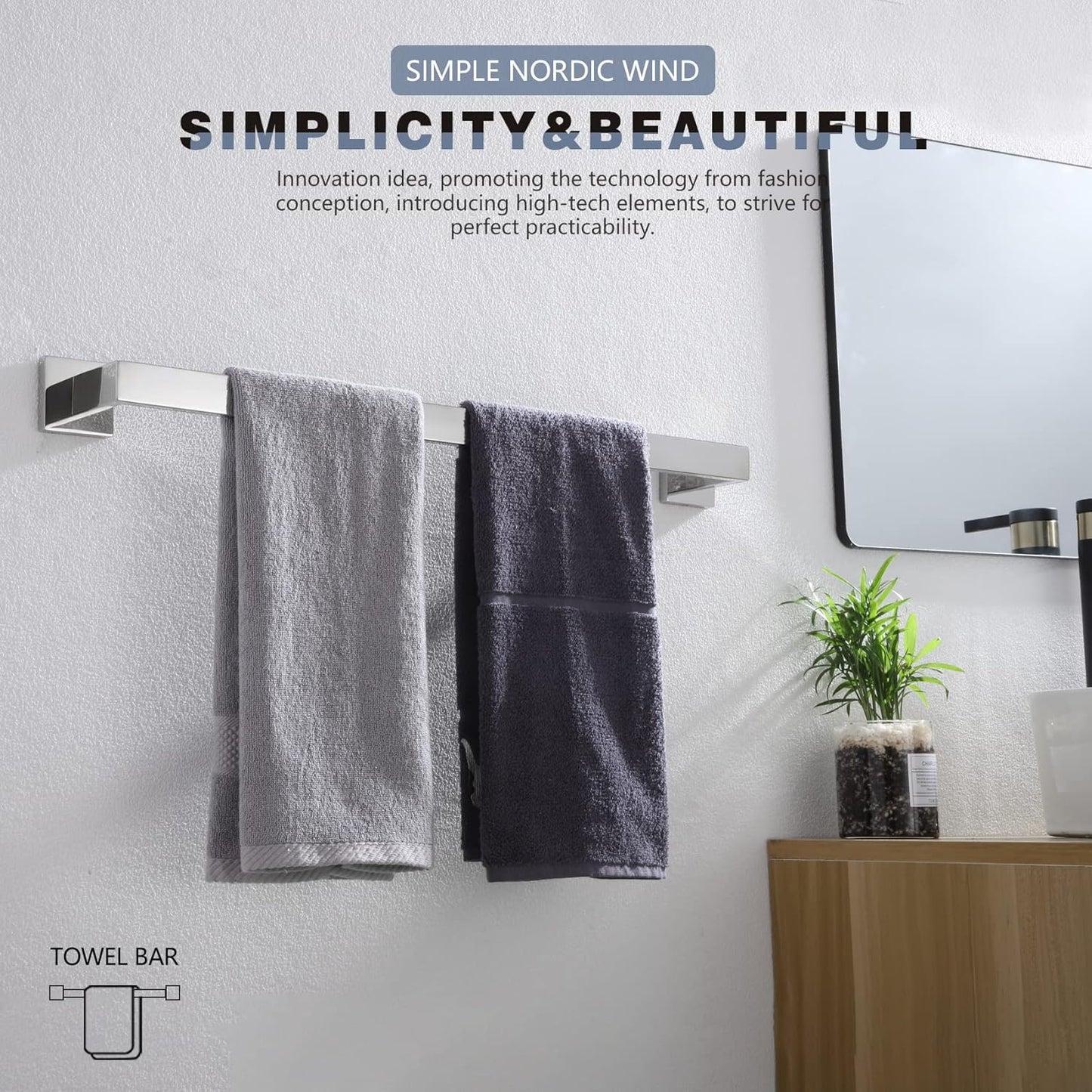 KOKOSIRI 24-Inch Towel Bar, Bathroom Kitchen Towel Holder, Wall Mounted SUS304 Stainless Steel Towel Rack 2 Pack, Polished Chrome, B4003CH-L24-P2