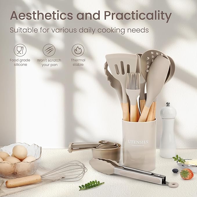26 Pcs Silicone Cooking Utensils Set with Holder, NCUE BPA Free Kitchen Utensils Set for Cooking, 446°F Spatulas Silicone Heat Resistant Wooden Handle Spoon Tongs Non-stick Kitchen Gadgets (Khaki)