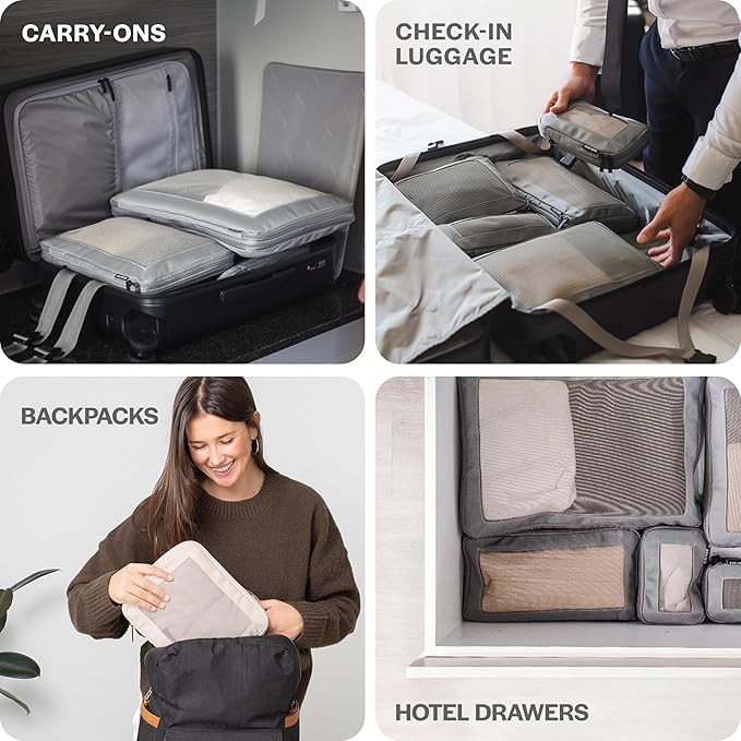 Aerotrunk Compression Packing Cubes for Travel - Luggage Organizer Bags - Double Zipper Packing Cubes for Suitcases (6-Pack, Beige)