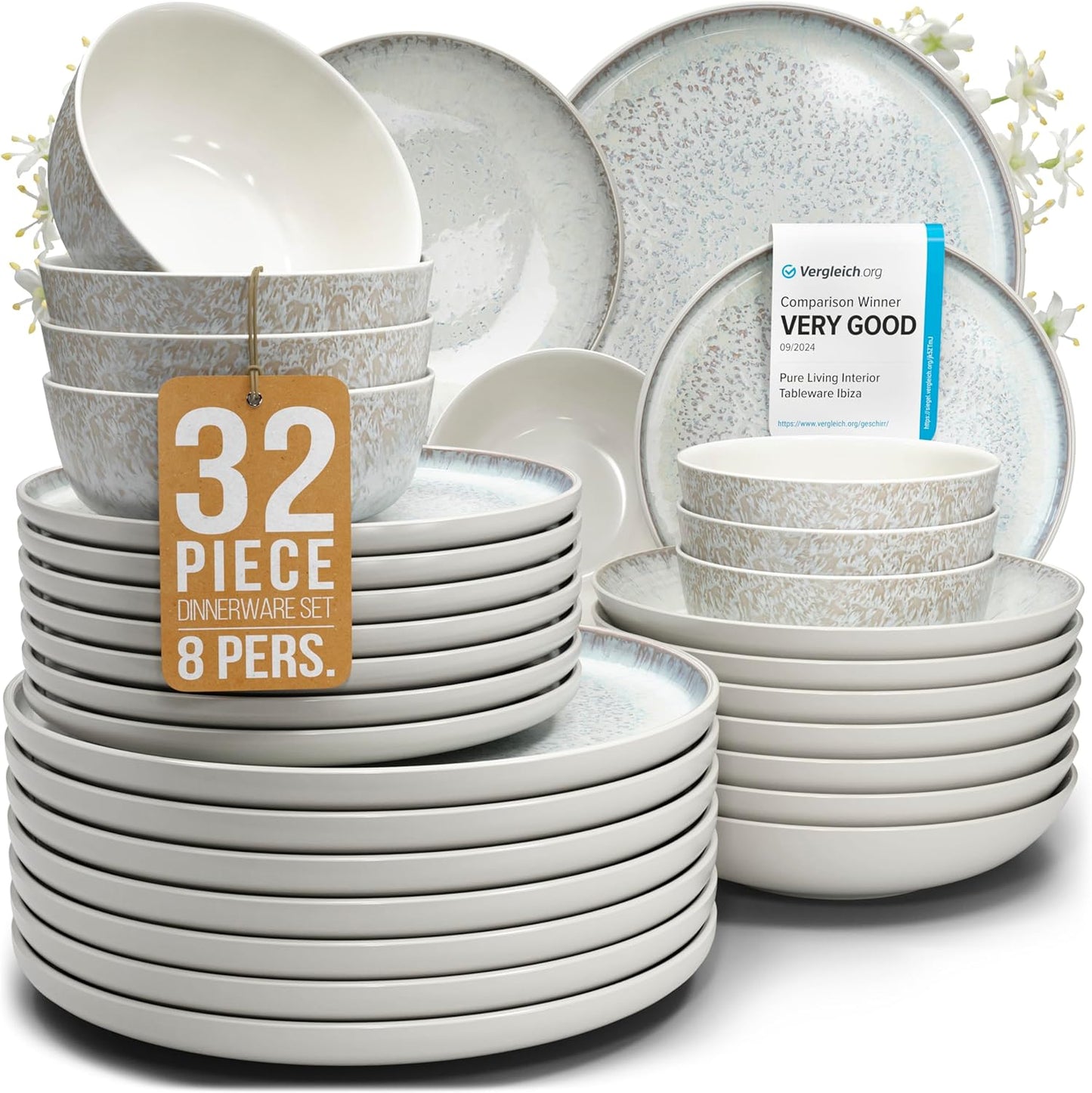 Stoneware dinnerware set 8 persons 32 pcs - Mediterranean dinnerware set, dishwasher, microwave and scratch resistant - Bowl and plate set - Dinnerware Pure Living Light Beige…